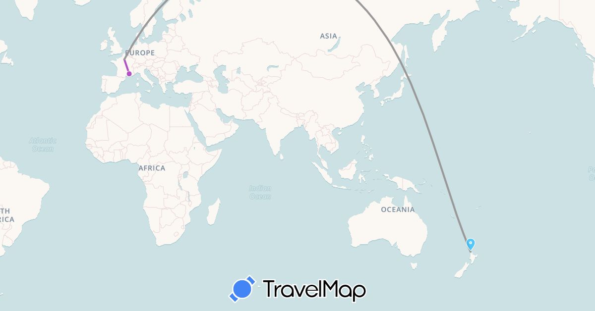 TravelMap itinerary: plane, train, boat in France, New Zealand (Europe, Oceania)